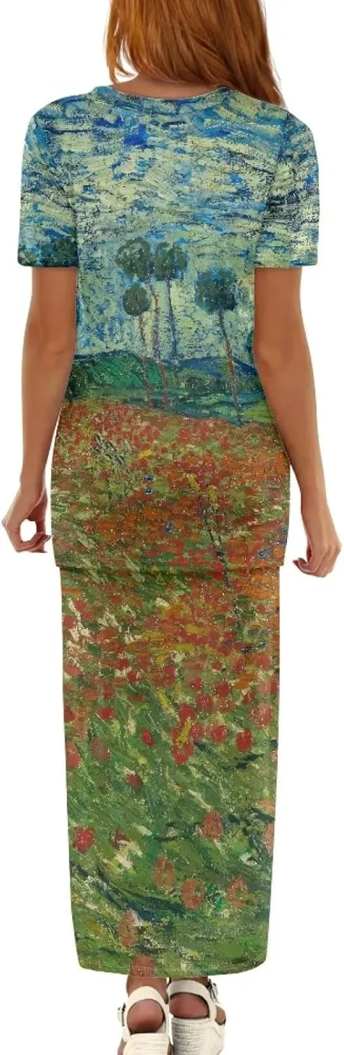 Plus Size Long Skirt Dress Set Oil Painting Printed Sleeve Top and High Waist Maxi Skirt Set Women's 2 Piece Set