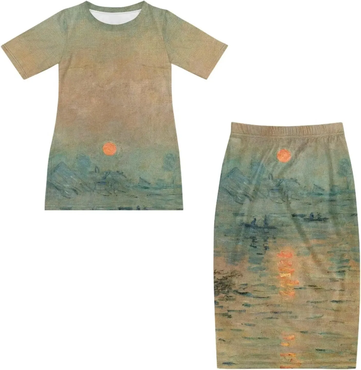 Plus Size Long Skirt Dress Set Oil Painting Printed Sleeve Top and High Waist Maxi Skirt Set Women's 2 Piece Set
