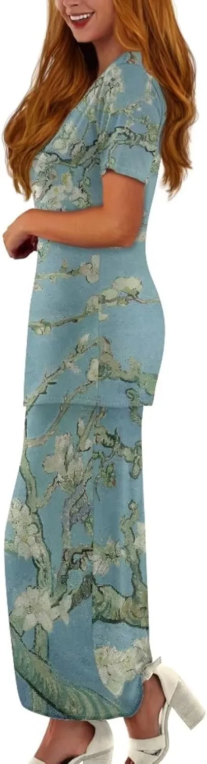 Plus Size Long Skirt Dress Set Oil Painting Printed Sleeve Top and High Waist Maxi Skirt Set Women's 2 Piece Set