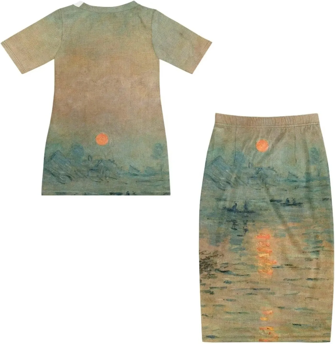 Plus Size Long Skirt Dress Set Oil Painting Printed Sleeve Top and High Waist Maxi Skirt Set Women's 2 Piece Set