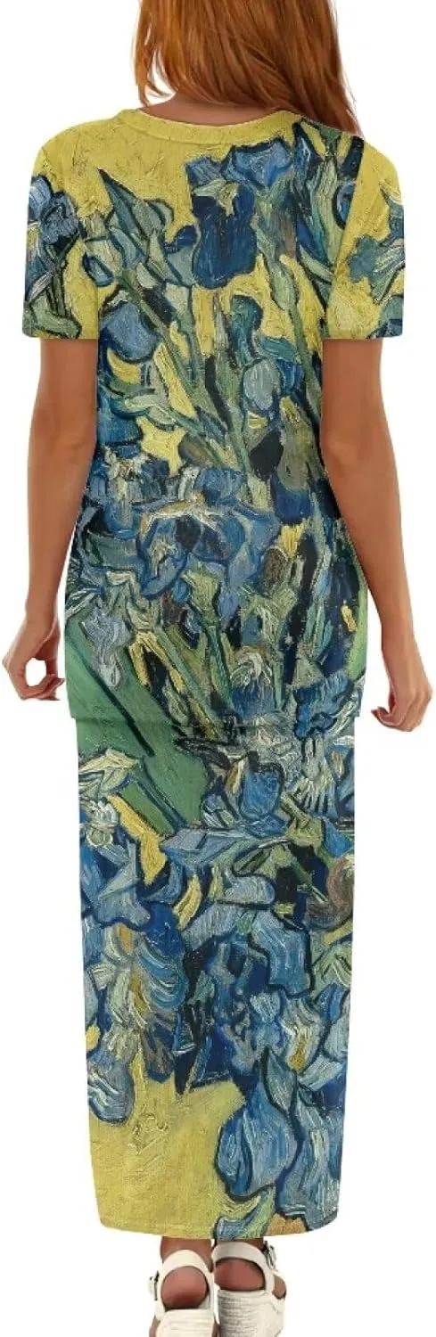 Plus Size Long Skirt Dress Set Oil Painting Printed Sleeve Top and High Waist Maxi Skirt Set Women's 2 Piece Set