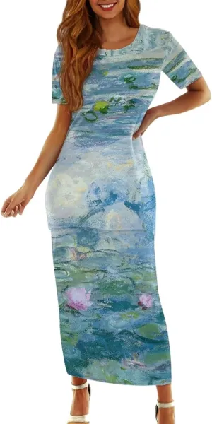 Plus Size Long Skirt Dress Set Oil Painting Printed Sleeve Top and High Waist Maxi Skirt Set Women's 2 Piece Set