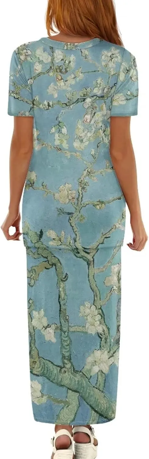 Plus Size Long Skirt Dress Set Oil Painting Printed Sleeve Top and High Waist Maxi Skirt Set Women's 2 Piece Set