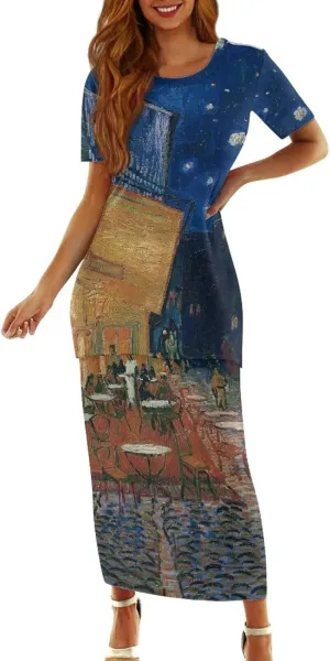 Plus Size Long Skirt Dress Set Oil Painting Printed Sleeve Top and High Waist Maxi Skirt Set Women's 2 Piece Set
