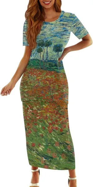 Plus Size Long Skirt Dress Set Oil Painting Printed Sleeve Top and High Waist Maxi Skirt Set Women's 2 Piece Set