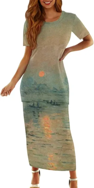 Plus Size Long Skirt Dress Set Oil Painting Printed Sleeve Top and High Waist Maxi Skirt Set Women's 2 Piece Set
