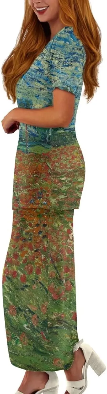 Plus Size Long Skirt Dress Set Oil Painting Printed Sleeve Top and High Waist Maxi Skirt Set Women's 2 Piece Set
