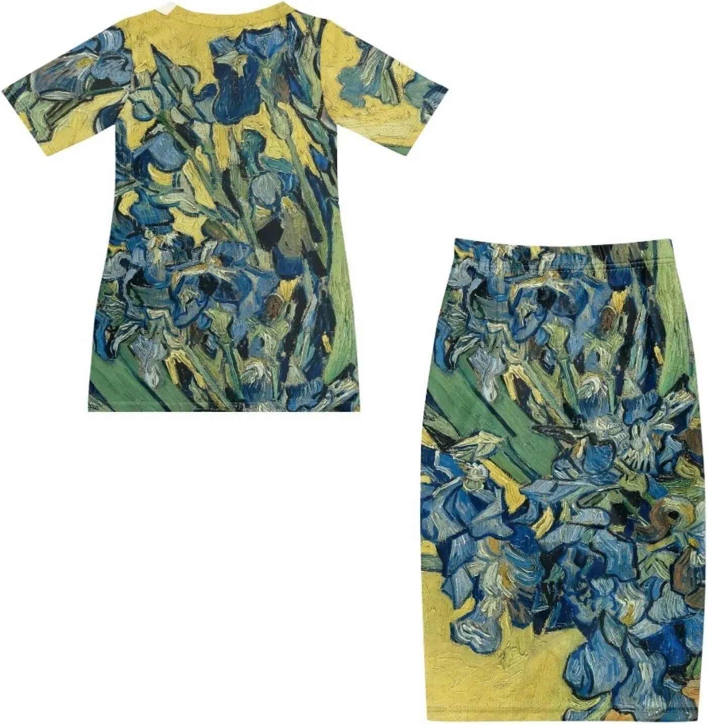 Plus Size Long Skirt Dress Set Oil Painting Printed Sleeve Top and High Waist Maxi Skirt Set Women's 2 Piece Set