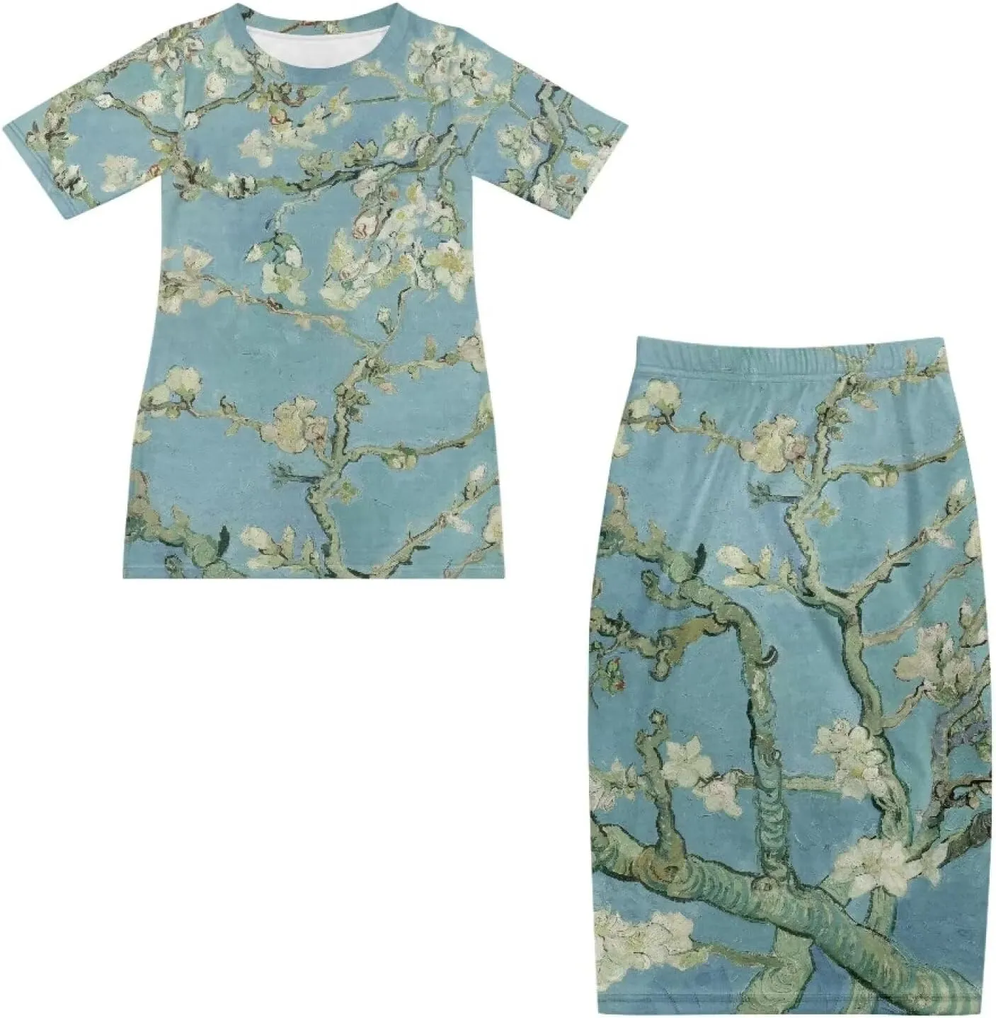 Plus Size Long Skirt Dress Set Oil Painting Printed Sleeve Top and High Waist Maxi Skirt Set Women's 2 Piece Set