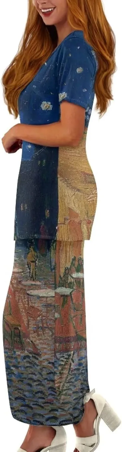Plus Size Long Skirt Dress Set Oil Painting Printed Sleeve Top and High Waist Maxi Skirt Set Women's 2 Piece Set