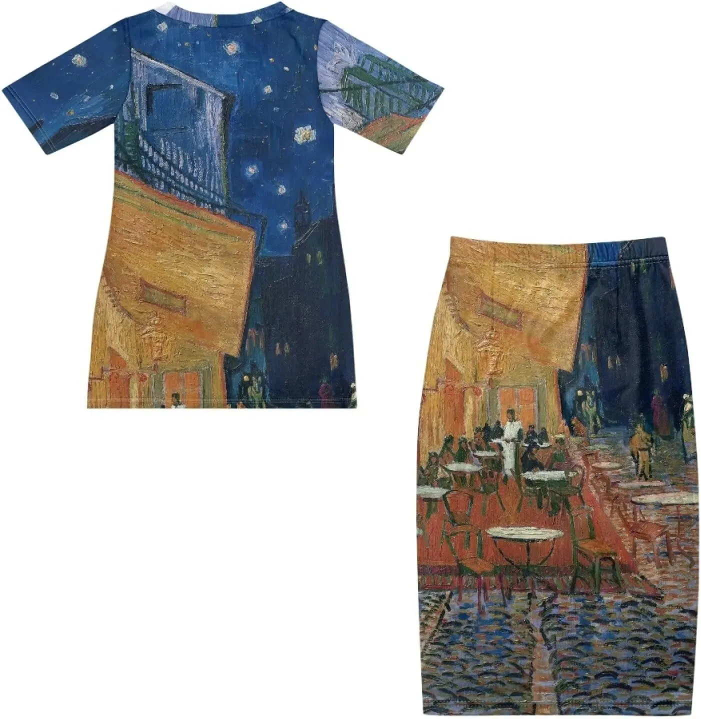 Plus Size Long Skirt Dress Set Oil Painting Printed Sleeve Top and High Waist Maxi Skirt Set Women's 2 Piece Set