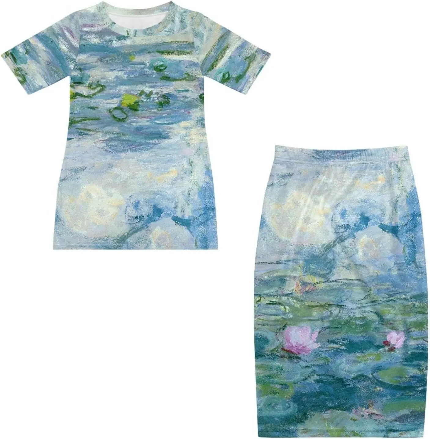 Plus Size Long Skirt Dress Set Oil Painting Printed Sleeve Top and High Waist Maxi Skirt Set Women's 2 Piece Set