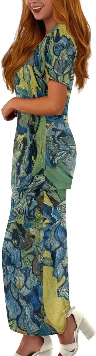 Plus Size Long Skirt Dress Set Oil Painting Printed Sleeve Top and High Waist Maxi Skirt Set Women's 2 Piece Set
