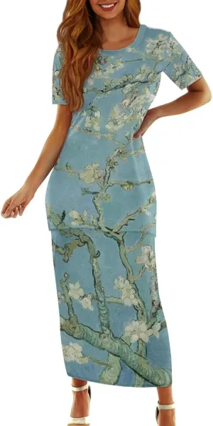 Plus Size Long Skirt Dress Set Oil Painting Printed Sleeve Top and High Waist Maxi Skirt Set Women's 2 Piece Set