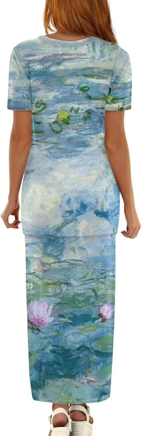 Plus Size Long Skirt Dress Set Oil Painting Printed Sleeve Top and High Waist Maxi Skirt Set Women's 2 Piece Set