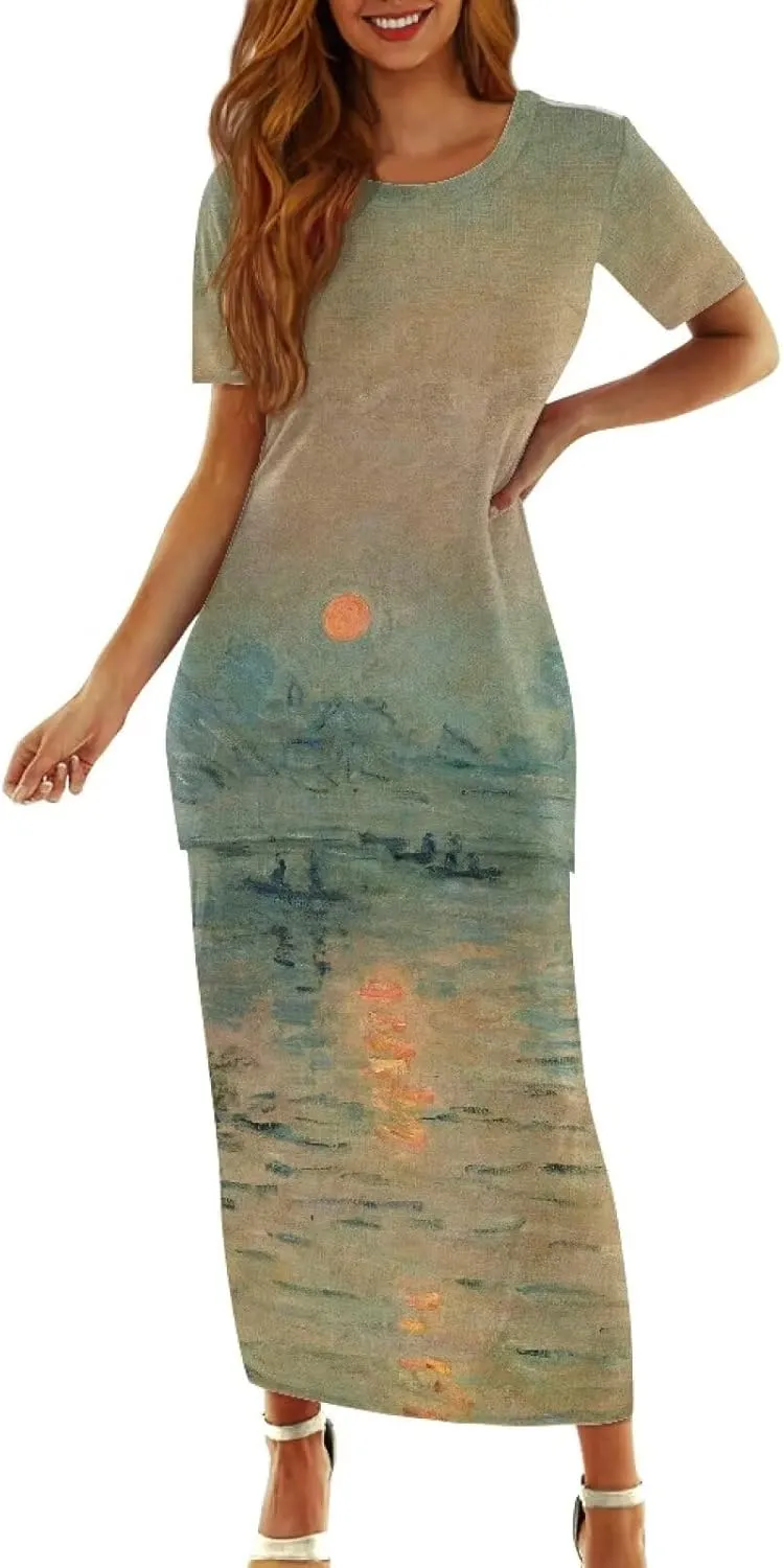 Plus Size Long Skirt Dress Set Oil Painting Printed Sleeve Top and High Waist Maxi Skirt Set Women's 2 Piece Set