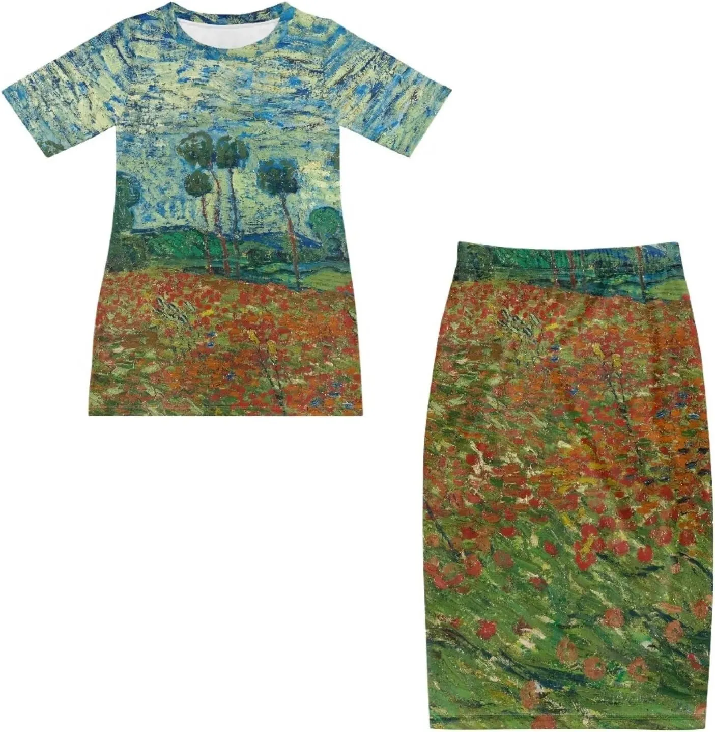 Plus Size Long Skirt Dress Set Oil Painting Printed Sleeve Top and High Waist Maxi Skirt Set Women's 2 Piece Set