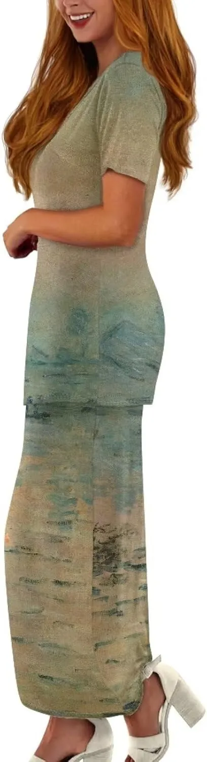 Plus Size Long Skirt Dress Set Oil Painting Printed Sleeve Top and High Waist Maxi Skirt Set Women's 2 Piece Set