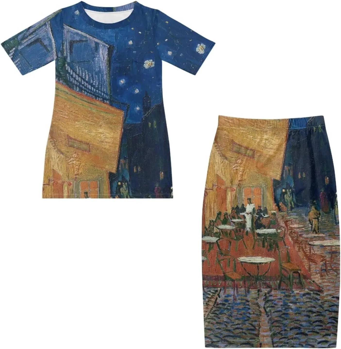 Plus Size Long Skirt Dress Set Oil Painting Printed Sleeve Top and High Waist Maxi Skirt Set Women's 2 Piece Set