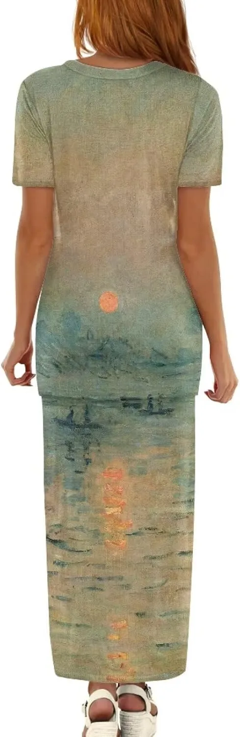 Plus Size Long Skirt Dress Set Oil Painting Printed Sleeve Top and High Waist Maxi Skirt Set Women's 2 Piece Set