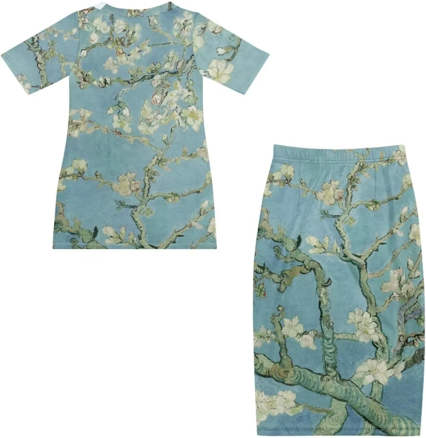 Plus Size Long Skirt Dress Set Oil Painting Printed Sleeve Top and High Waist Maxi Skirt Set Women's 2 Piece Set