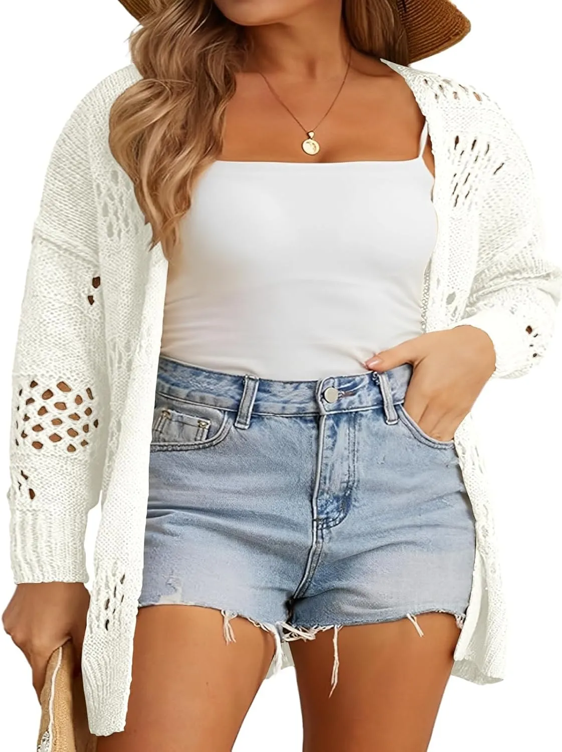 Plus Size Womens Crochet Cardigans Sweater Boho Long Sleeve Lightweight Oversized Open Front Loose Fit Knitted Tops