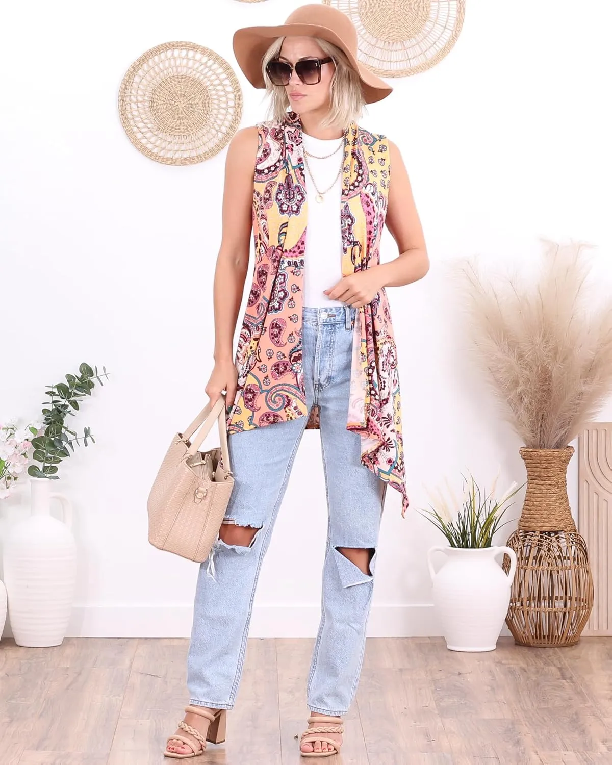Popana Womens Sleeveless Lightweight Summer Open Front Long Duster Cardigan Vest Plus Size Made in USA