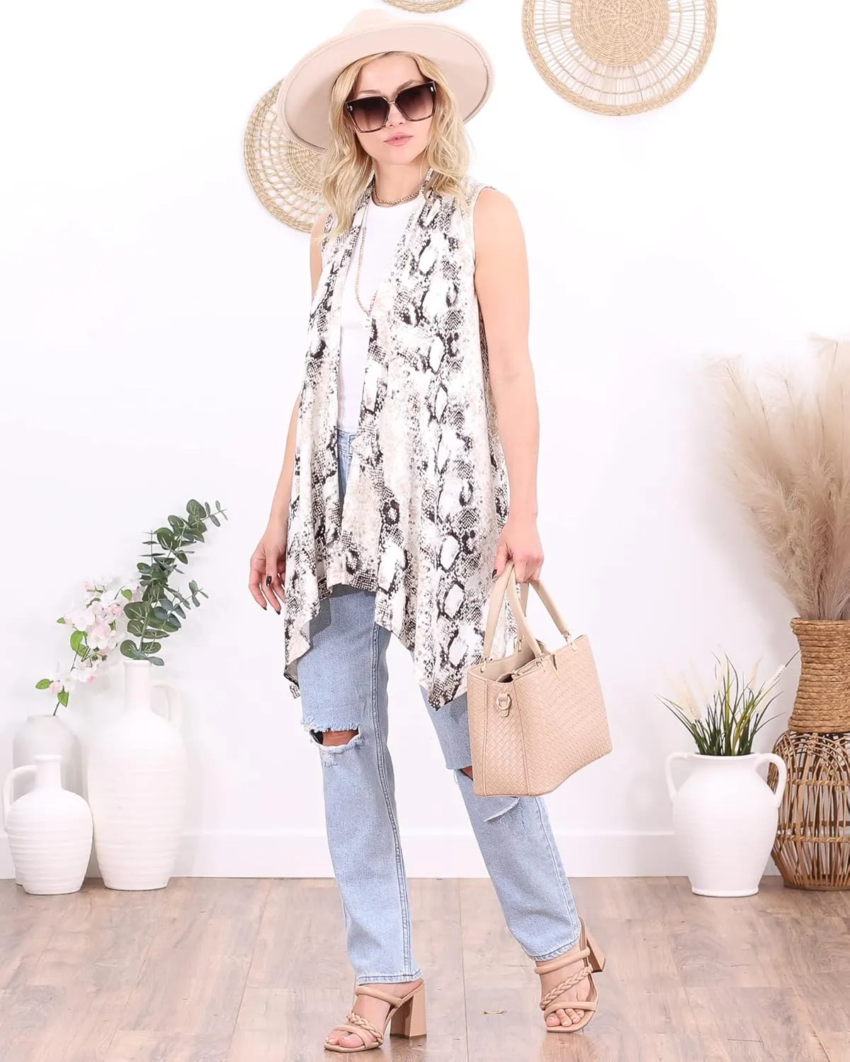 Popana Womens Sleeveless Lightweight Summer Open Front Long Duster Cardigan Vest Plus Size Made in USA