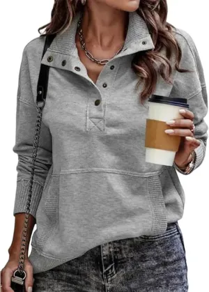 Pullover Sweatshirts for Women Henley Sweatshirts Casual Long Sleeve Hoodies Button V Neck Tops Loose Tunic Tops