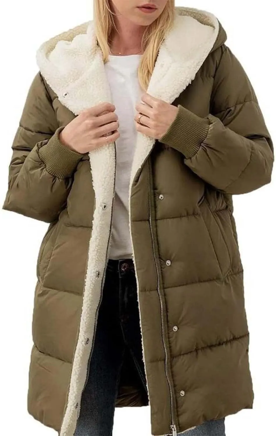 Reversible Fuf Fleece Lined Hood Puffer Jacket Lightweight Winter Coat Long Puffer Coat Coats for Women Ladies
