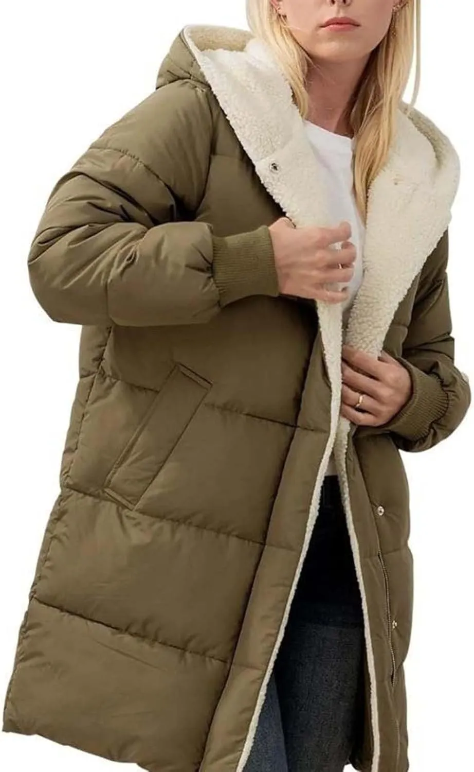Reversible Fuf Fleece Lined Hood Puffer Jacket Lightweight Winter Coat Long Puffer Coat Coats for Women Ladies