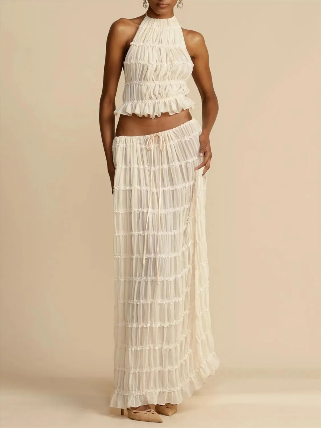 Sastianaen Women 2 Piece Maxi Skirt Set Y2k Lace Up Back Tank Top Flowy Ruffle Long Skirt Outfits Going Out Beachwear