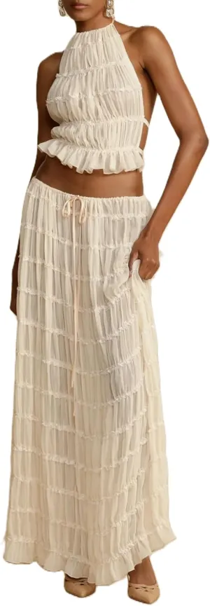 Sastianaen Women 2 Piece Maxi Skirt Set Y2k Lace Up Back Tank Top Flowy Ruffle Long Skirt Outfits Going Out Beachwear