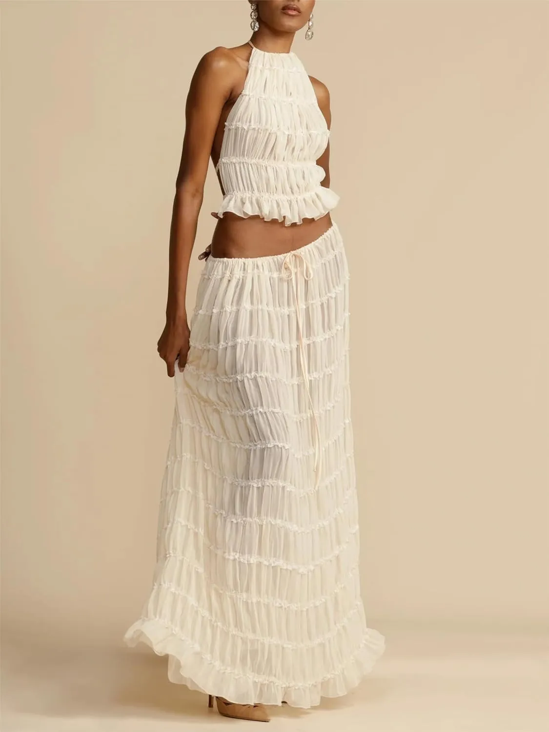Sastianaen Women 2 Piece Maxi Skirt Set Y2k Lace Up Back Tank Top Flowy Ruffle Long Skirt Outfits Going Out Beachwear