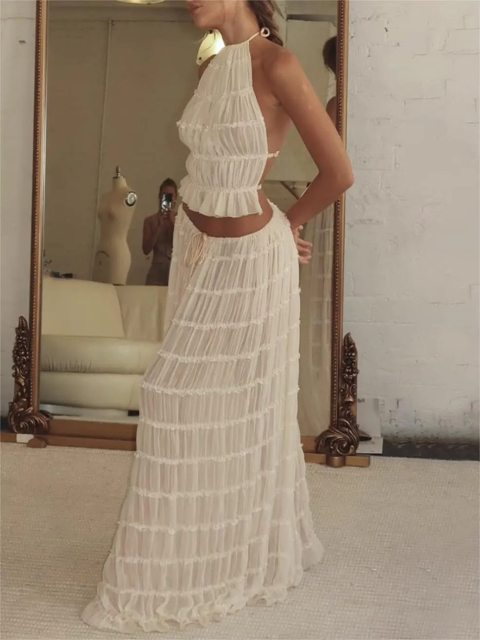 Sastianaen Women 2 Piece Maxi Skirt Set Y2k Lace Up Back Tank Top Flowy Ruffle Long Skirt Outfits Going Out Beachwear
