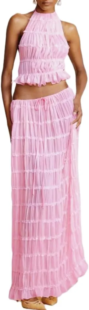 Sastianaen Women Y2k 2 Piece Maxi Skirt Set Lace Up Backless Tank Top Flowy Ruffle Long Skirt Outfits 2024 Streetwear