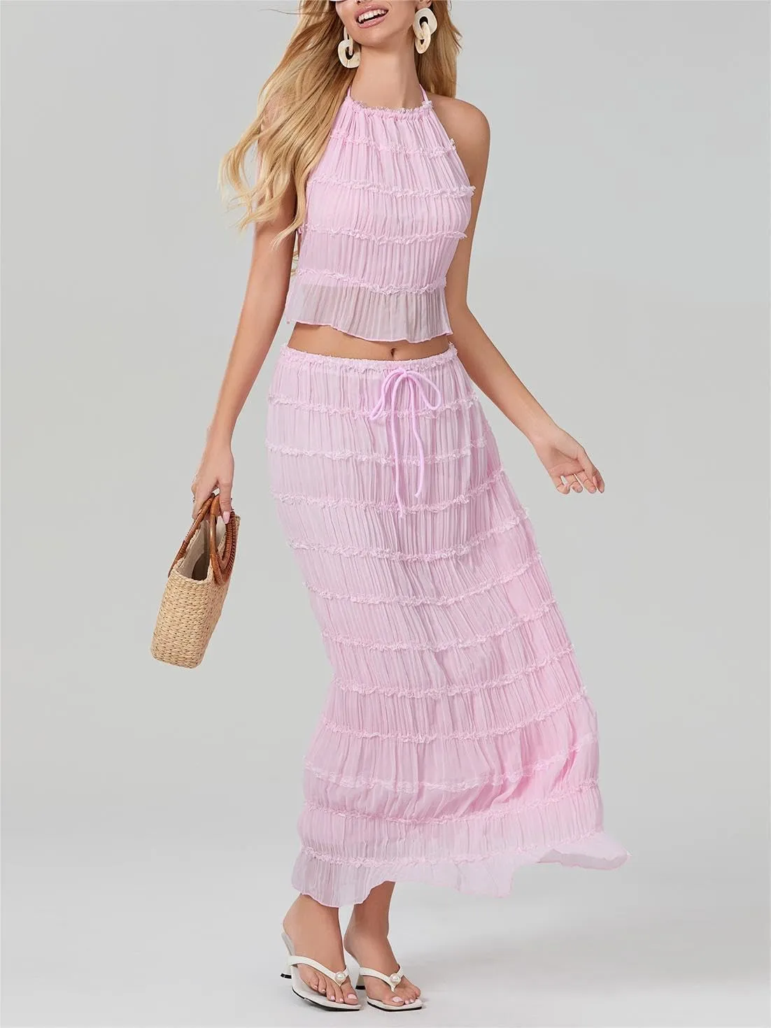 Sastianaen Women Y2k 2 Piece Maxi Skirt Set Lace Up Backless Tank Top Flowy Ruffle Long Skirt Outfits 2024 Streetwear