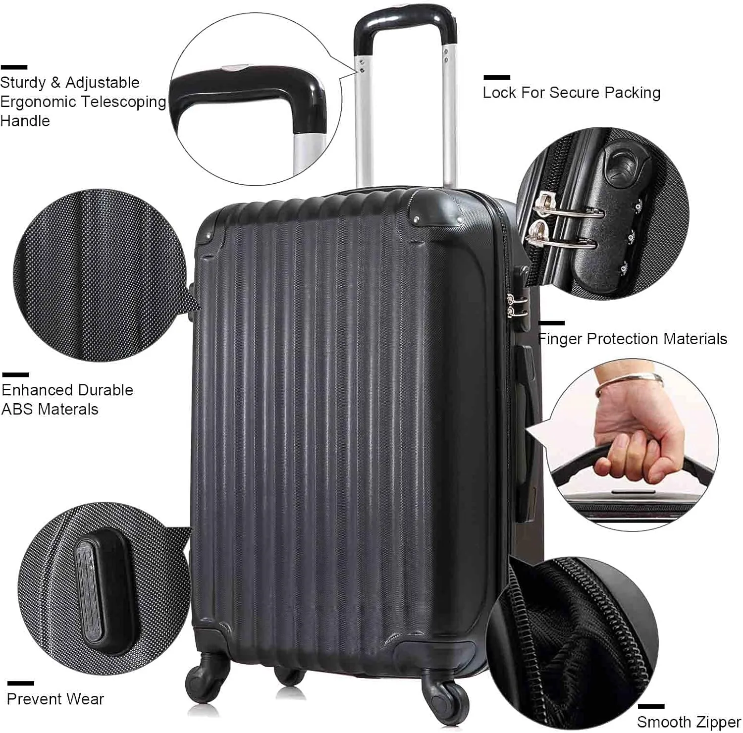 Set of 3 Luggage Set, Luggage Hardside Spinner Set with Wheel, Lightweight ABS Suitcase with Lock, Travel Luggage 20" 24" 28", Black Luggage Set