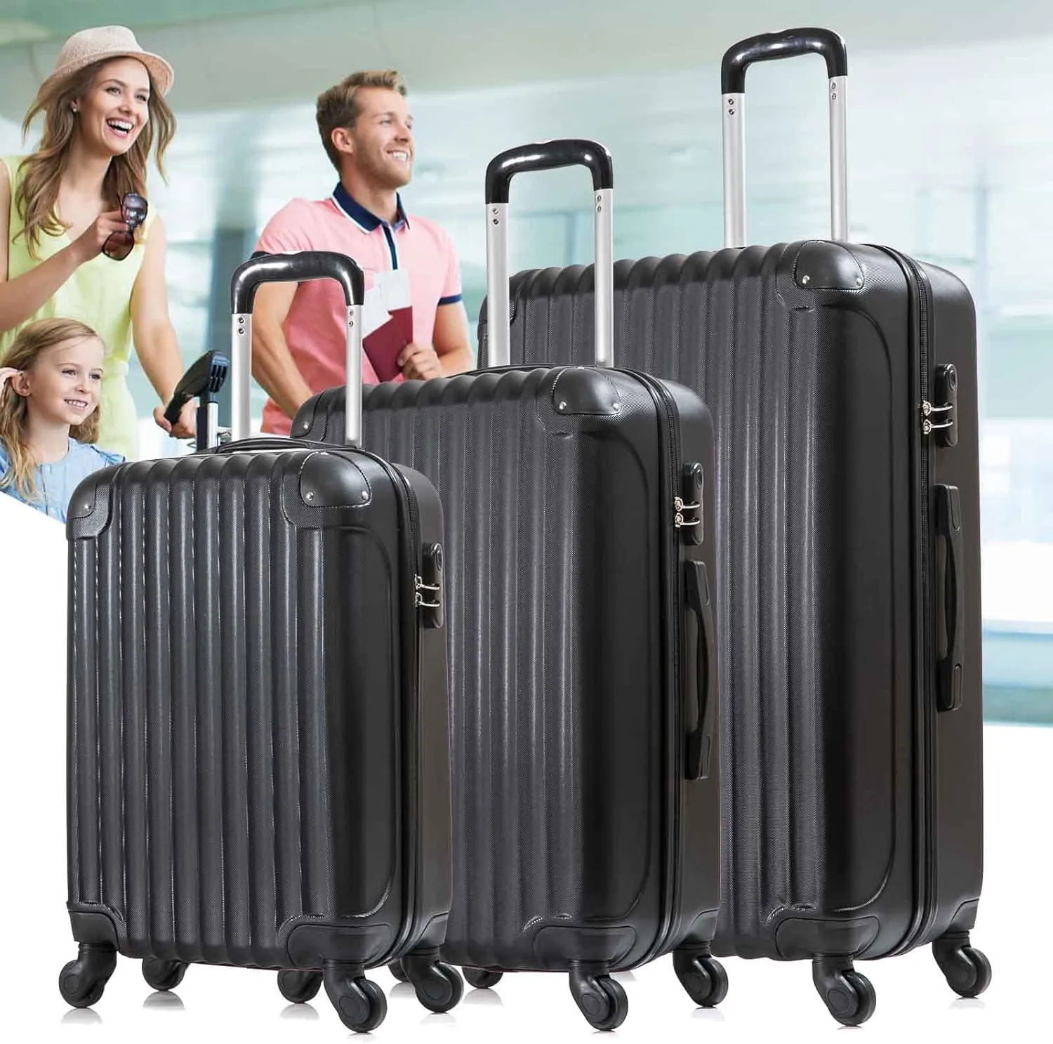Set of 3 Luggage Set, Luggage Hardside Spinner Set with Wheel, Lightweight ABS Suitcase with Lock, Travel Luggage 20" 24" 28", Black Luggage Set