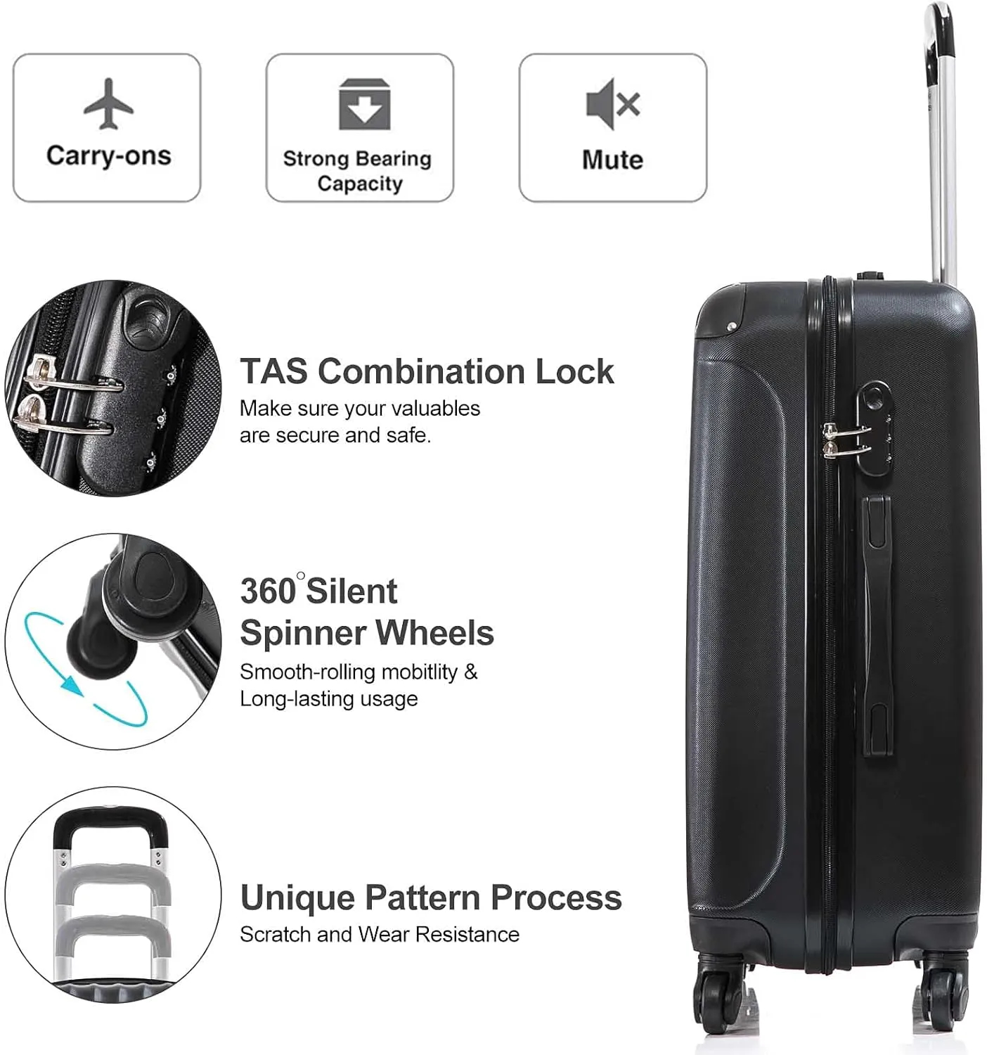 Set of 3 Luggage Set, Luggage Hardside Spinner Set with Wheel, Lightweight ABS Suitcase with Lock, Travel Luggage 20" 24" 28", Black Luggage Set