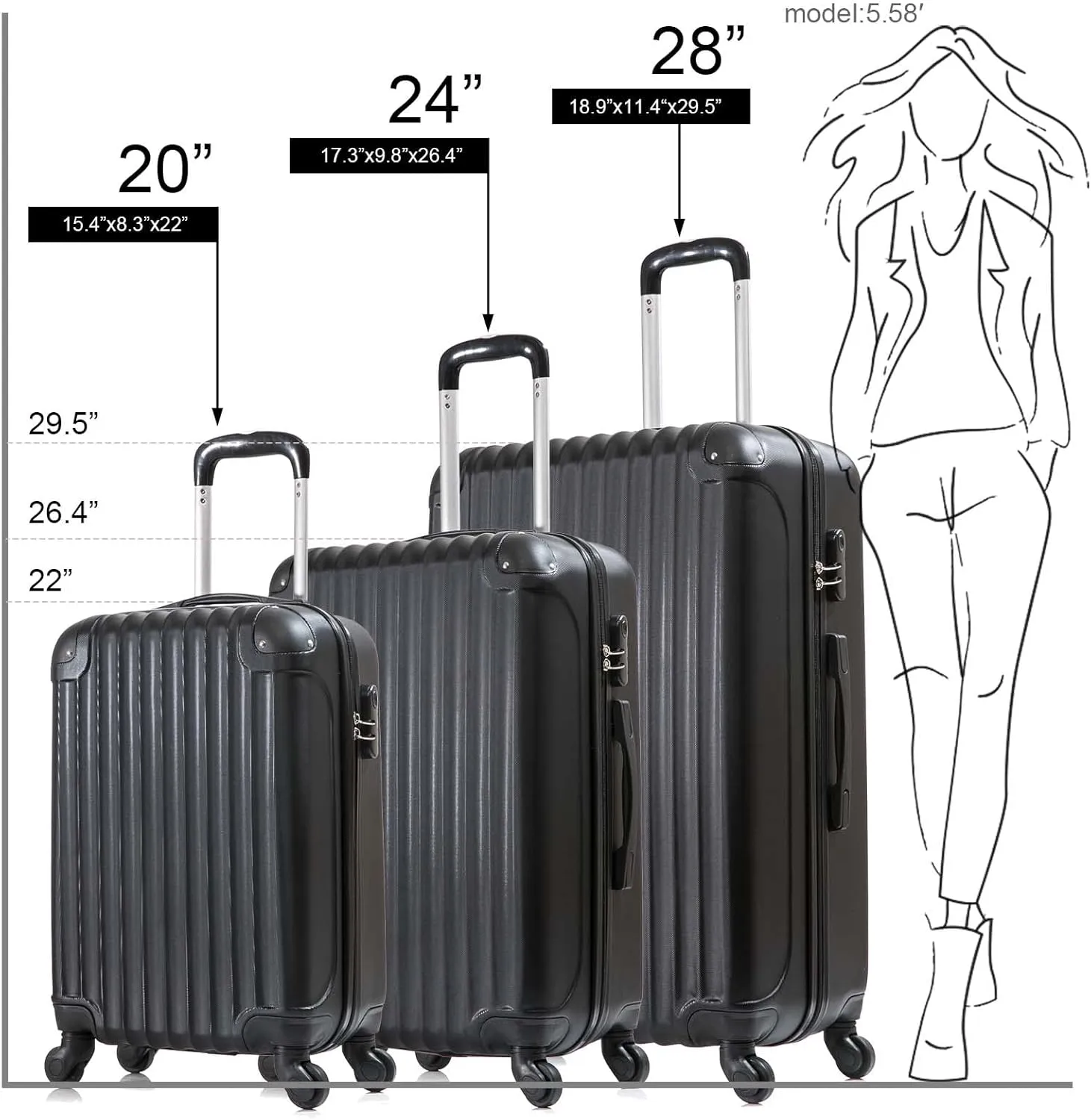 Set of 3 Luggage Set, Luggage Hardside Spinner Set with Wheel, Lightweight ABS Suitcase with Lock, Travel Luggage 20" 24" 28", Black Luggage Set