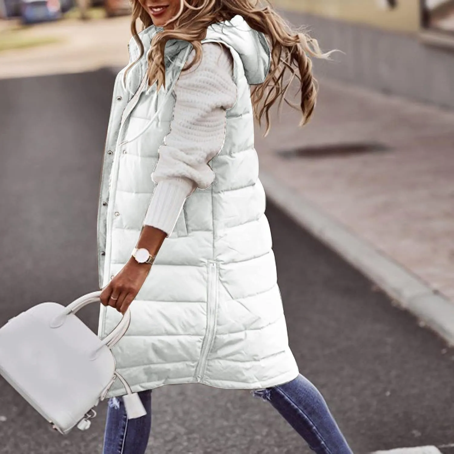 SHAOBGE Women's Long Womens Long Winter Coat Vest with Hood Sleeveless Warm Down Loose Coat with Pockets Woman Winter