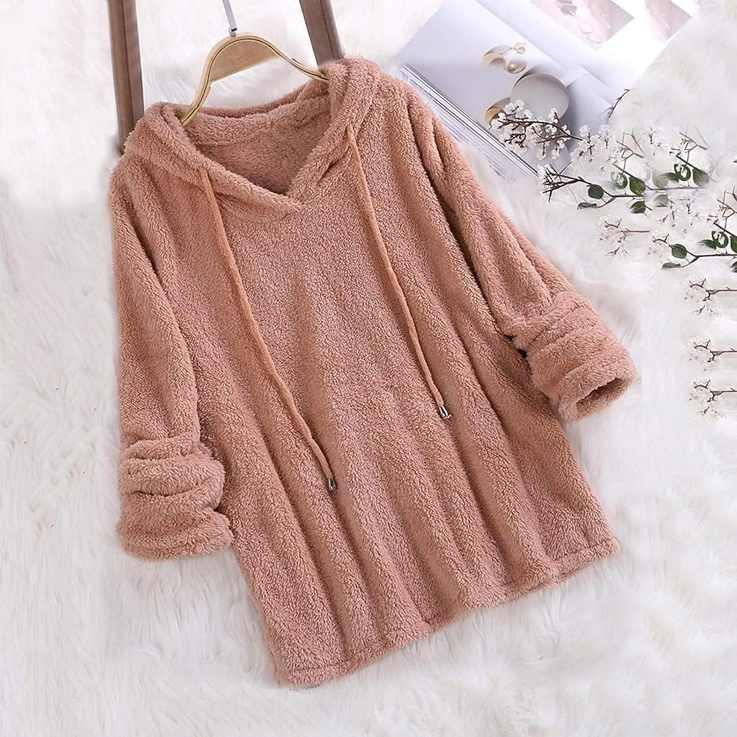 Sherpa Hoodies for Women Oversized Long Sleeve Fuzzy Fleece Sweatshirt Winter Warm Pullover Sweater Pajama Tops