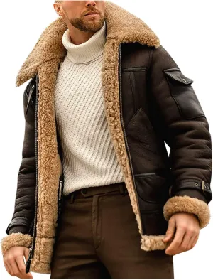 Sherpa Lined Leather Jacket Men Suede Sherpa Shearling Faux Fur Leather Coat Sheepskin Winter Coat Fur Collar Jacket