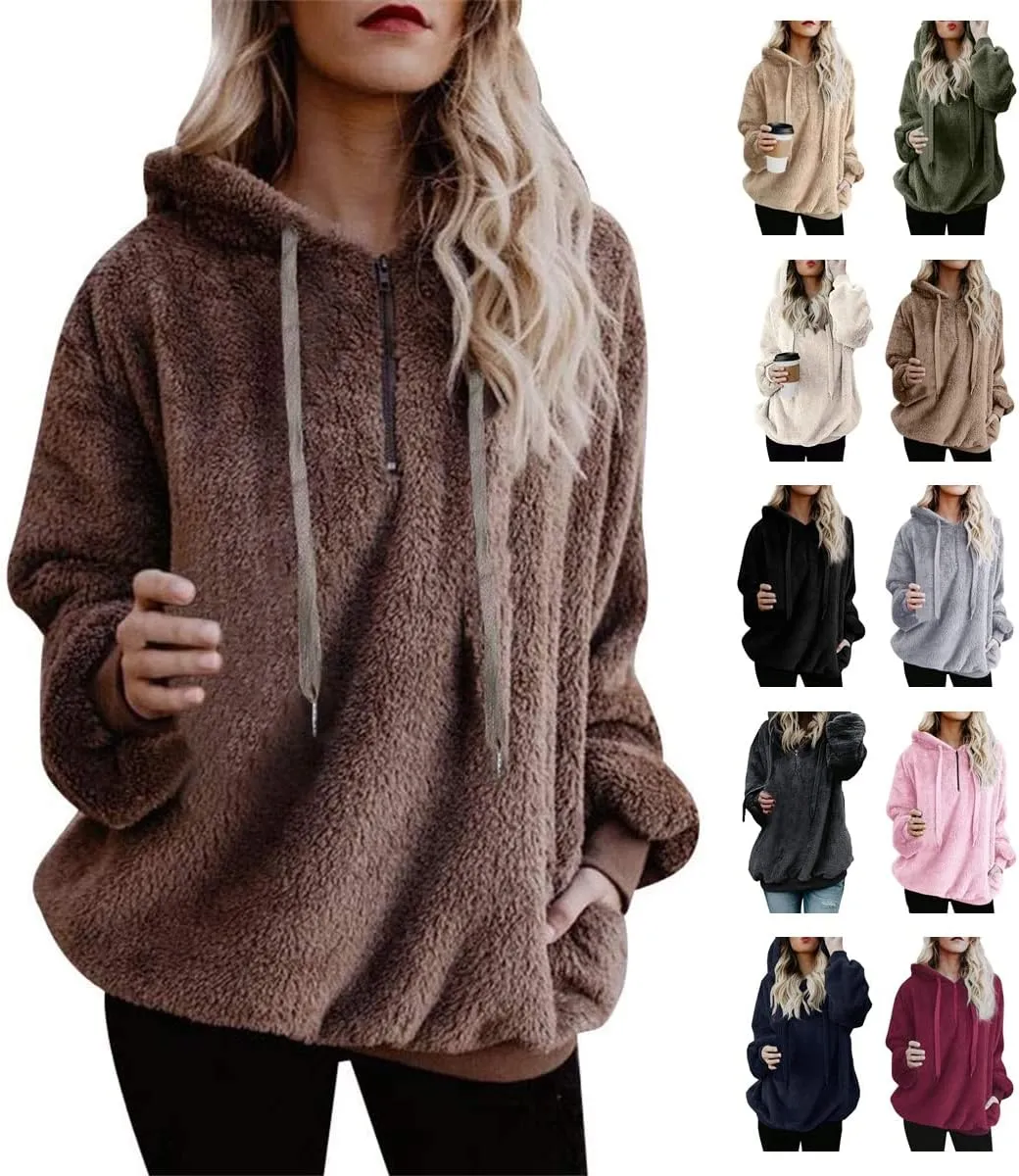 Sherpa Pullover Womens Fleece Sweatshirts Fuzzy Hoodies Fall Outfits Sport Oversized Hoodie Cozy Outerwear with Pocket