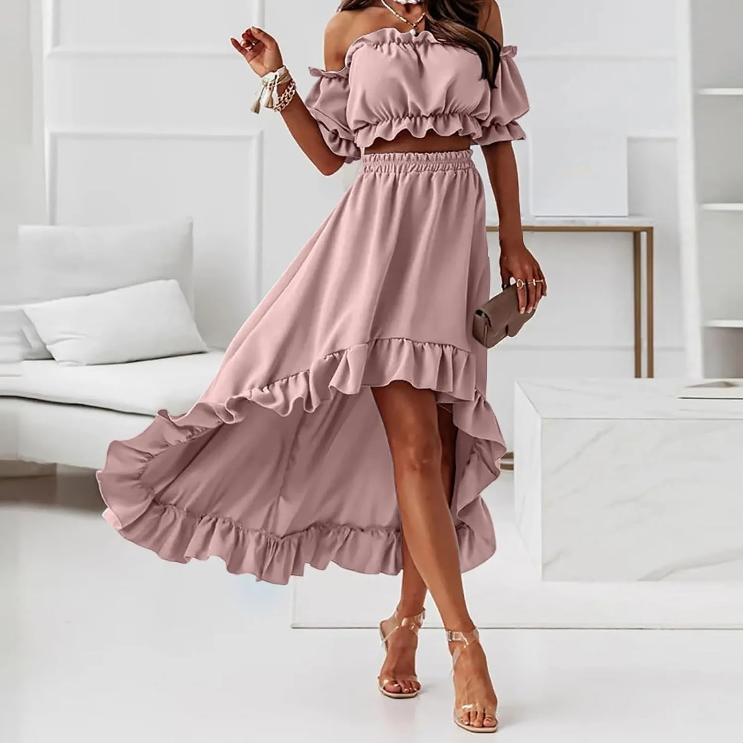 Skirts Sets Women 2 Piece Outfits Summer Off Shoulder Ruffle Trim Puff Sleeve Tube Crop High Waist Flowy Maxi Skirt