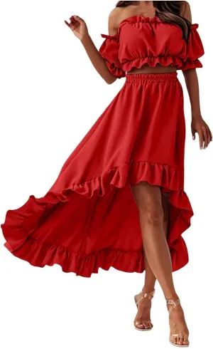 Skirts Sets Women 2 Piece Outfits Summer Off Shoulder Ruffle Trim Puff Sleeve Tube Crop High Waist Flowy Maxi Skirt