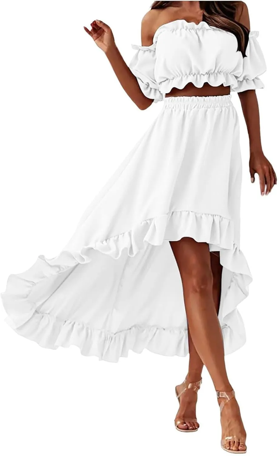 Skirts Sets Women 2 Piece Outfits Summer Off Shoulder Ruffle Trim Puff Sleeve Tube Crop High Waist Flowy Maxi Skirt