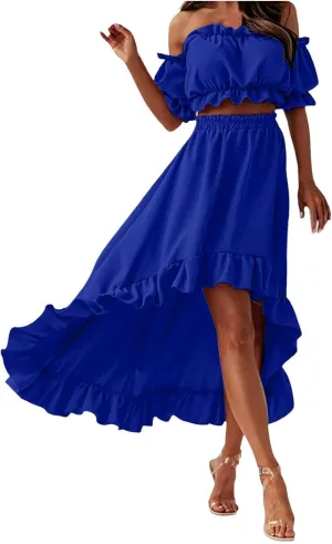 Skirts Sets Women 2 Piece Outfits Summer Off Shoulder Ruffle Trim Puff Sleeve Tube Crop High Waist Flowy Maxi Skirt