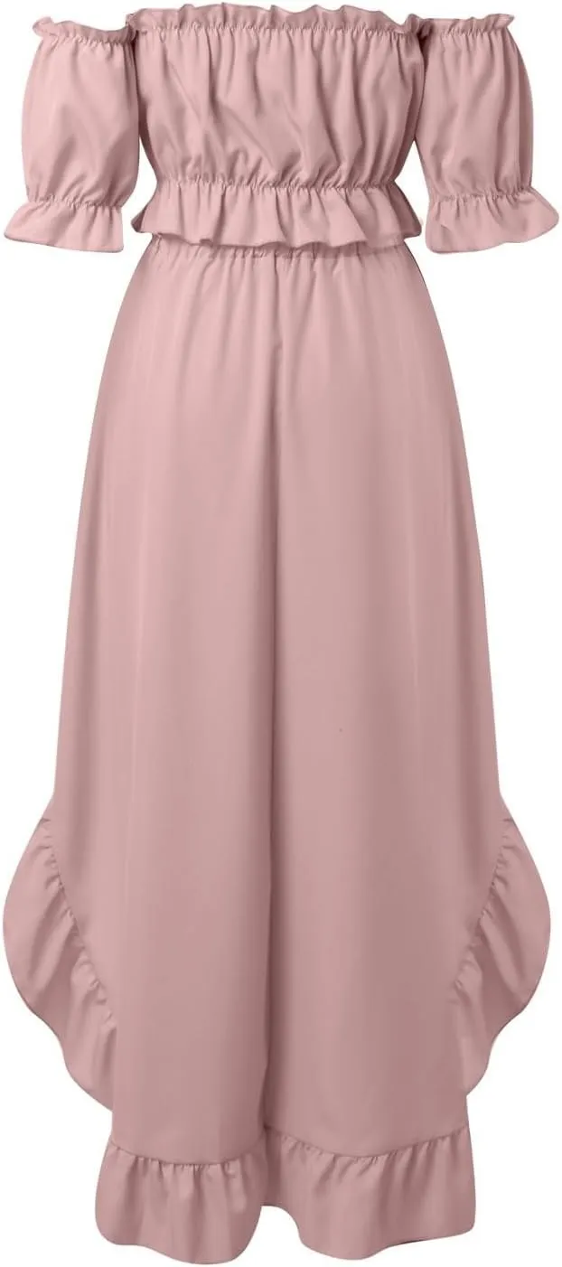 Skirts Sets Women 2 Piece Outfits Summer Off Shoulder Ruffle Trim Puff Sleeve Tube Crop High Waist Flowy Maxi Skirt
